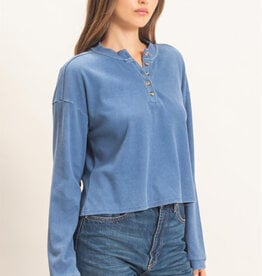 Miss Bliss Buttoned Henley Top-Blue