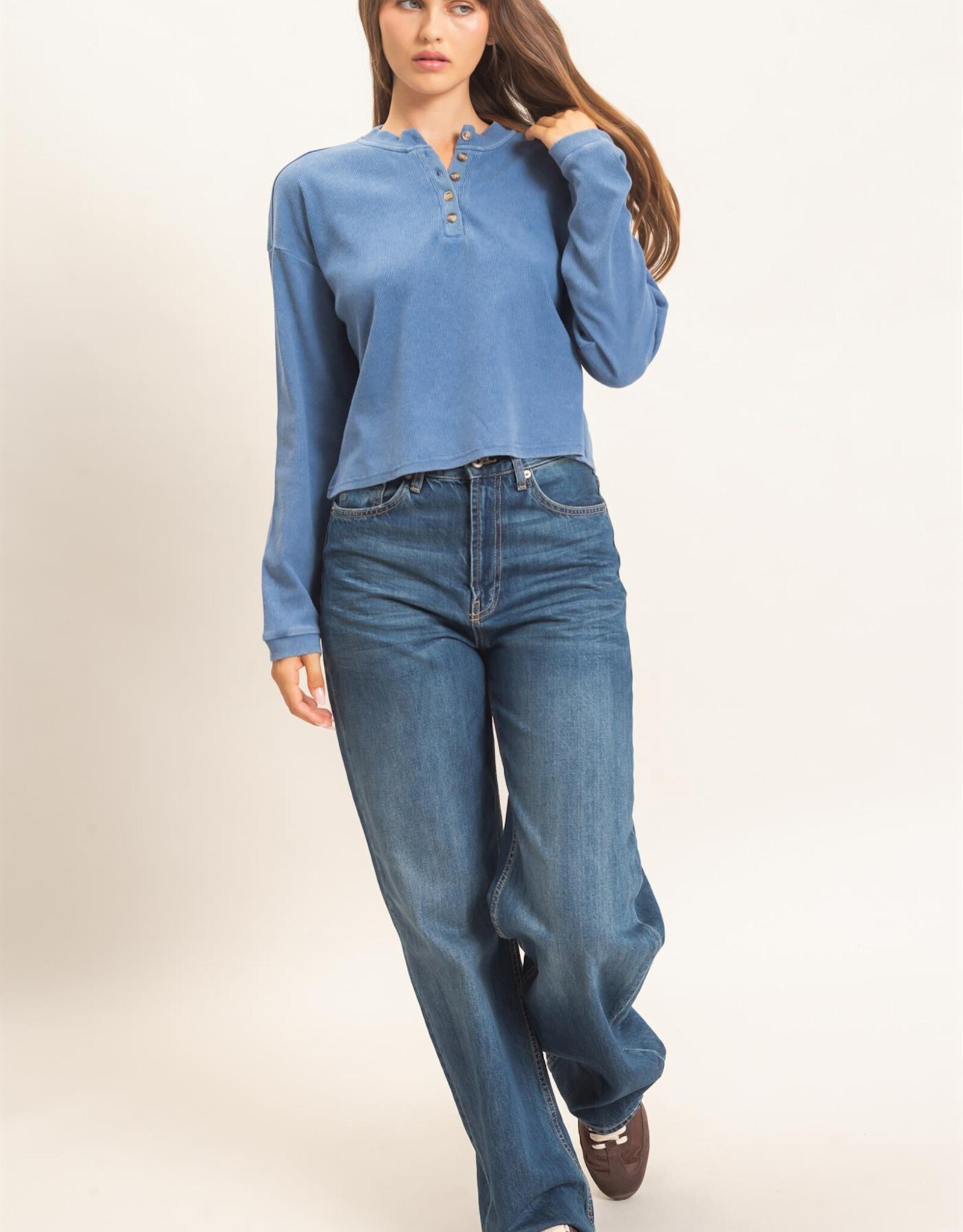 Miss Bliss HYFVE Buttoned Henley Top-Blue