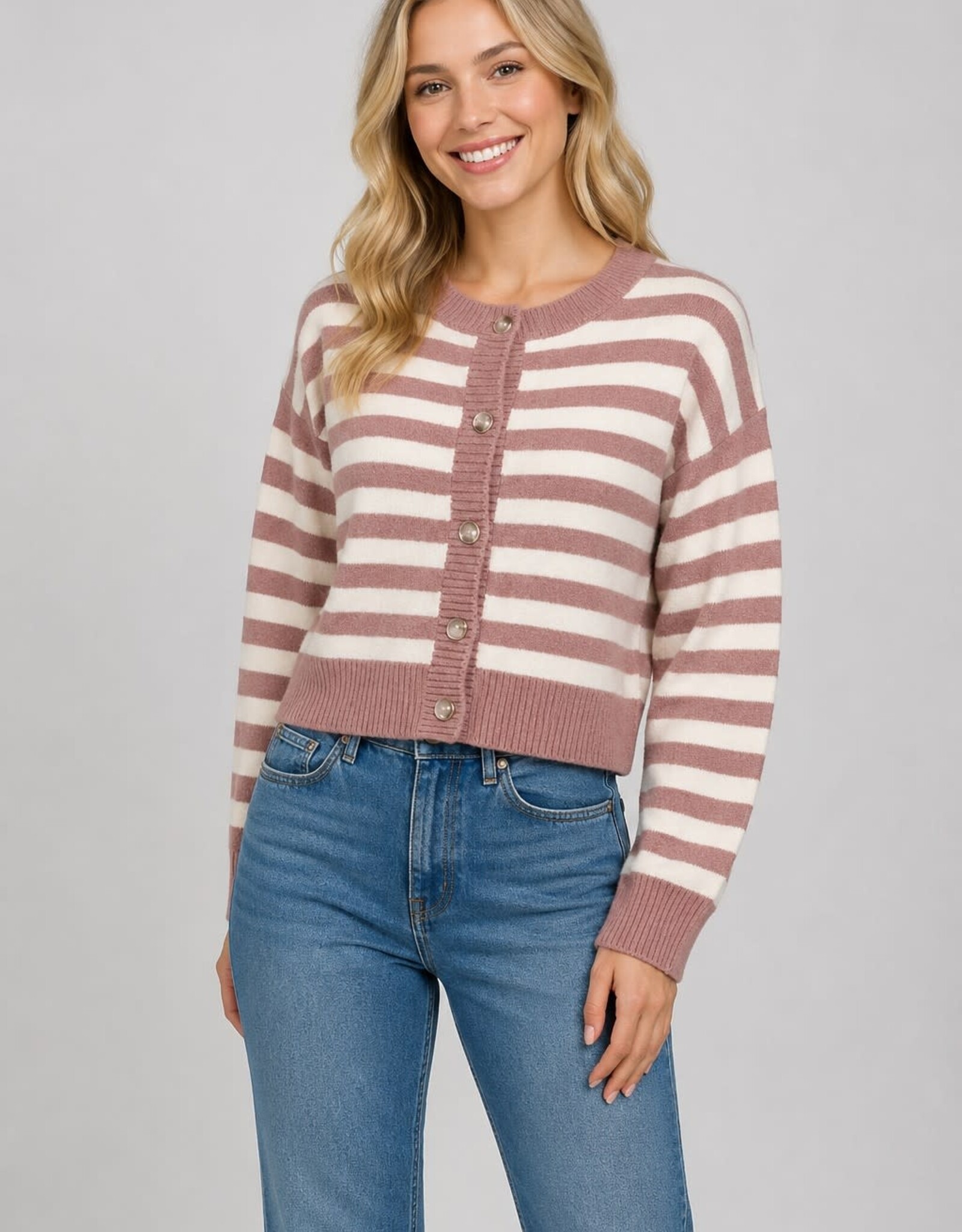 Miss Bliss Dream Cropped Cardigan W Horizontal Stripes-Pink