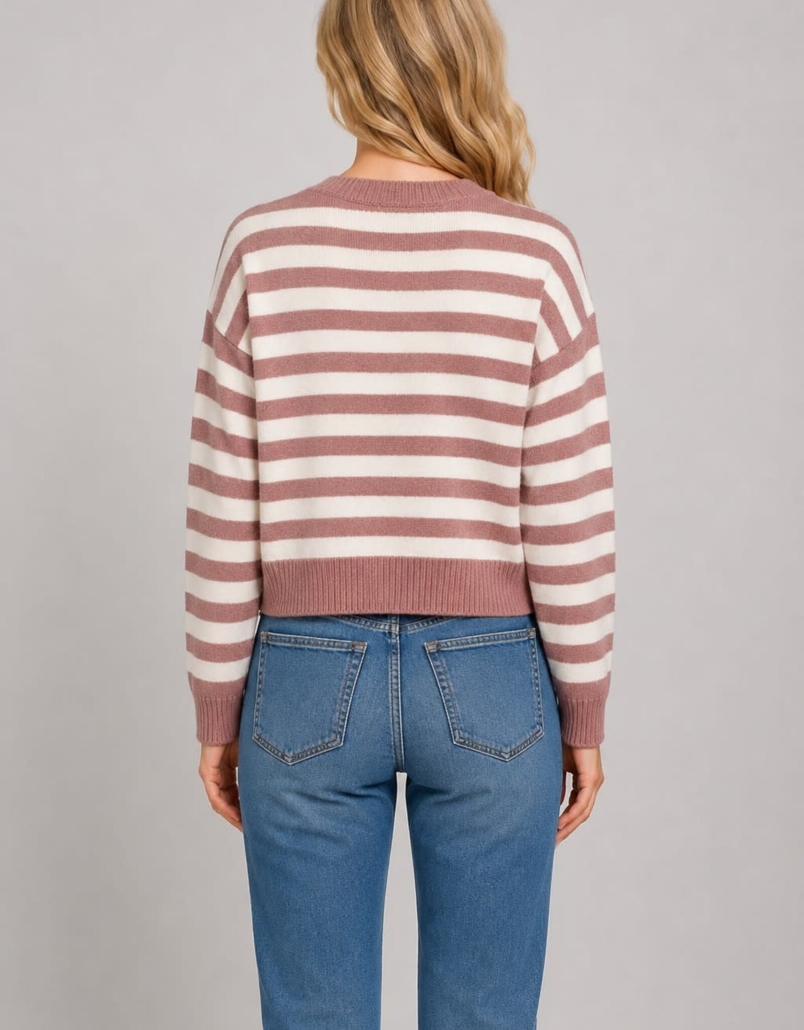 Miss Bliss Dream Cropped Cardigan W Horizontal Stripes-Pink