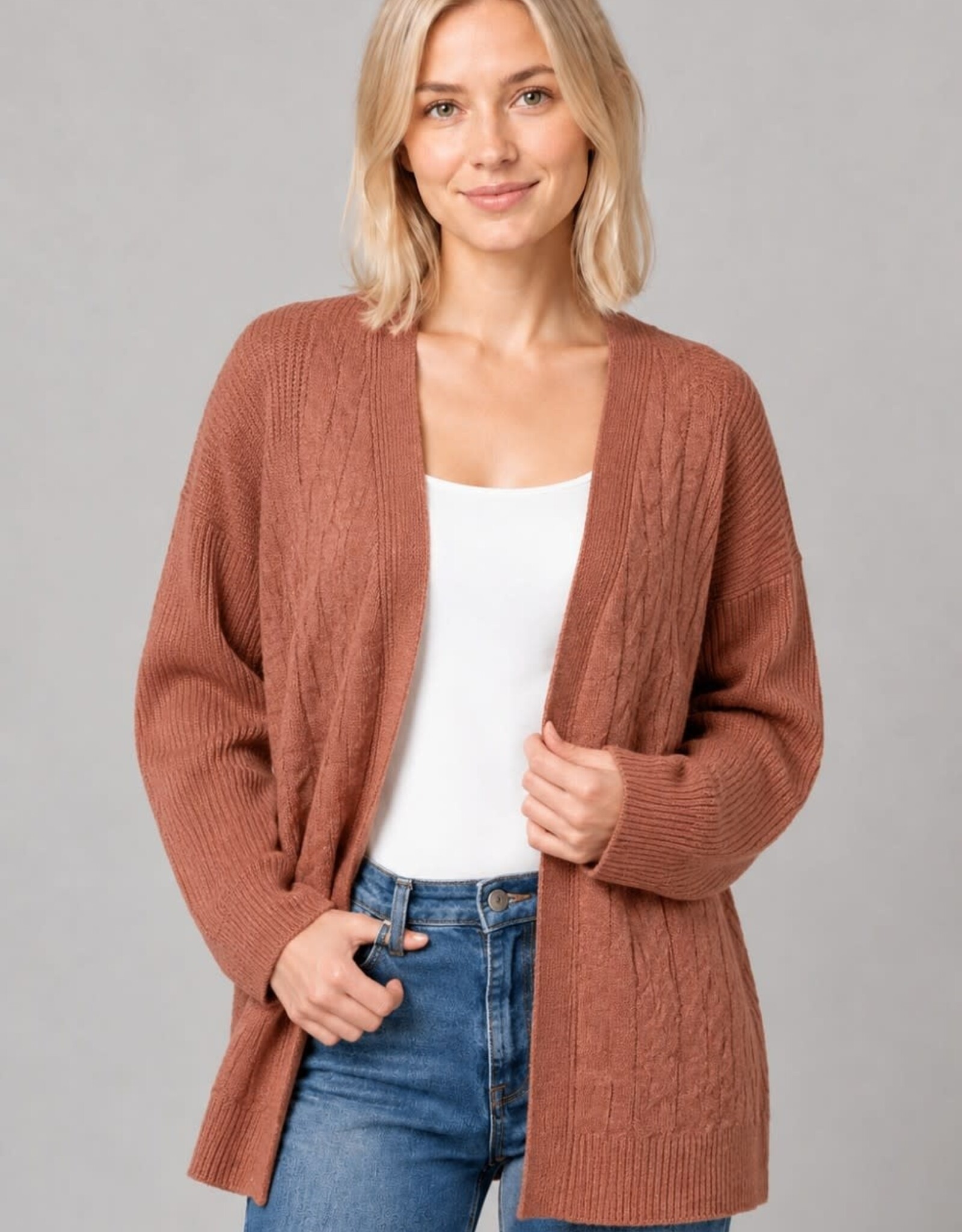 Miss Bliss Dream Cable Knit Open-front Cardigan-Rust