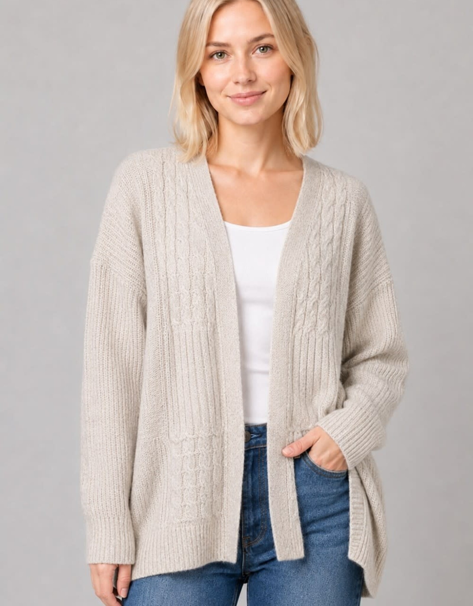 Miss Bliss Dream Cable Knit Open-front Cardigan-Taupe