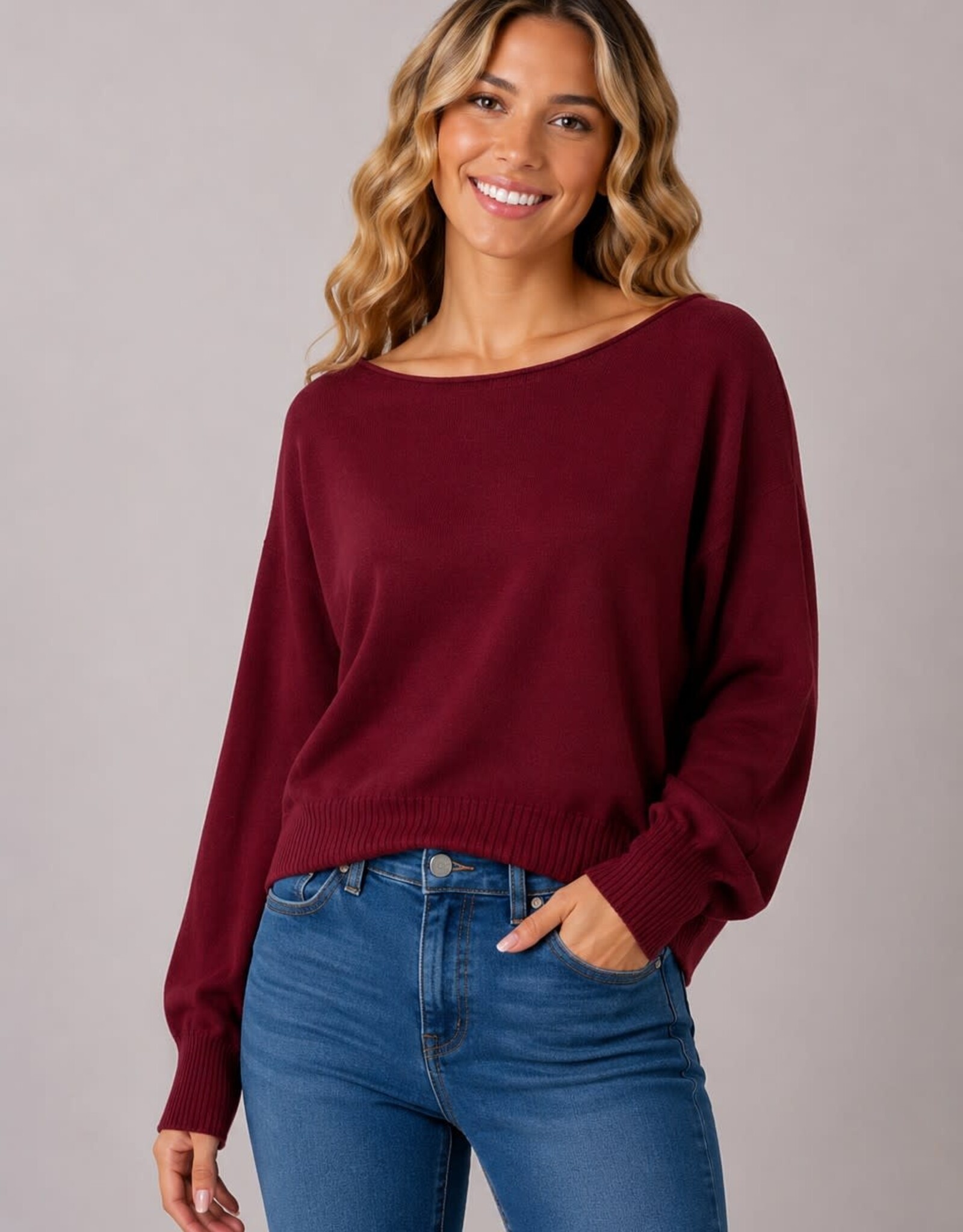 Miss Bliss Dream Boat Neck Pullover Sweater-Ht Currant