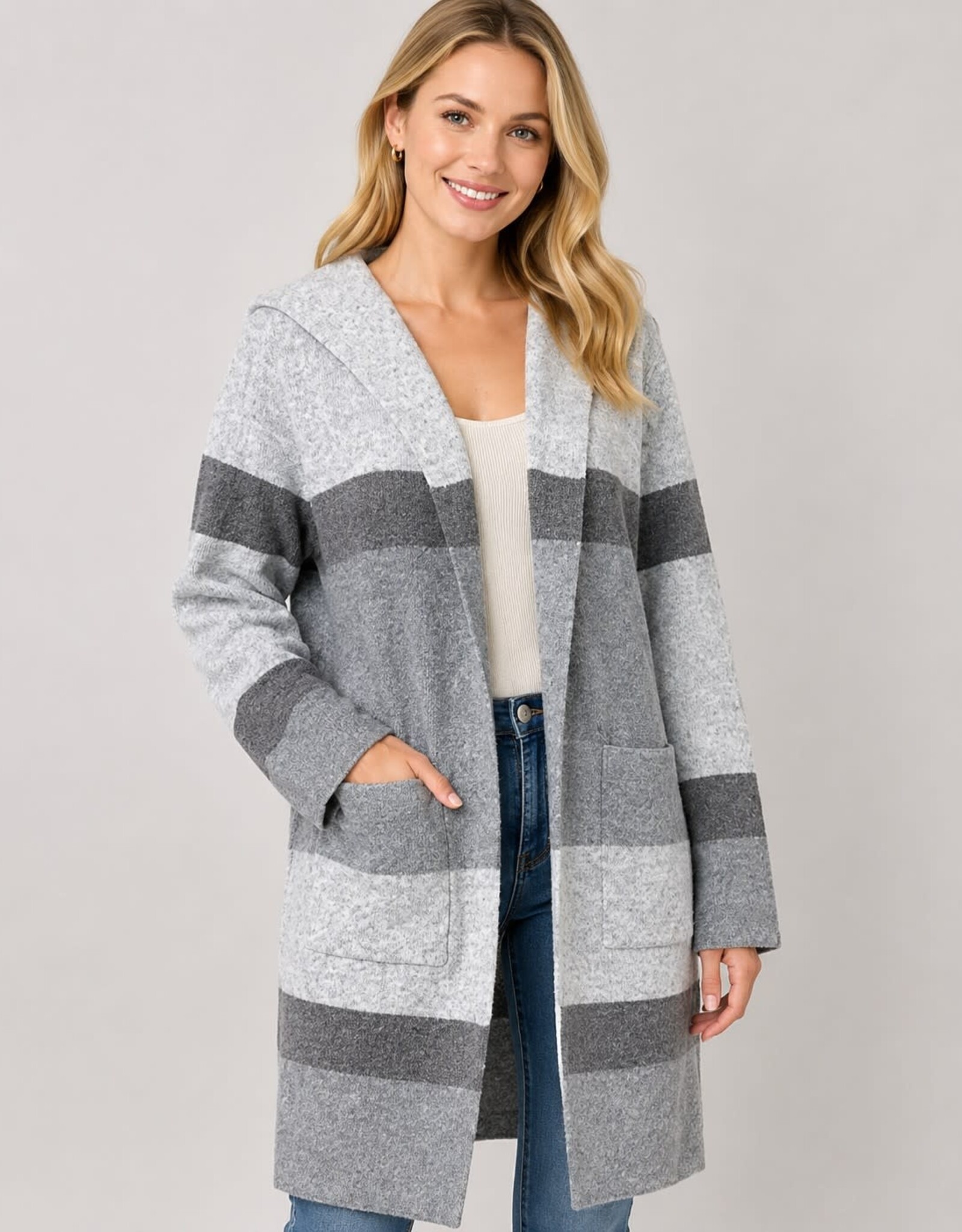 Miss Bliss Dream Hooded Striped Cardigan-Grey