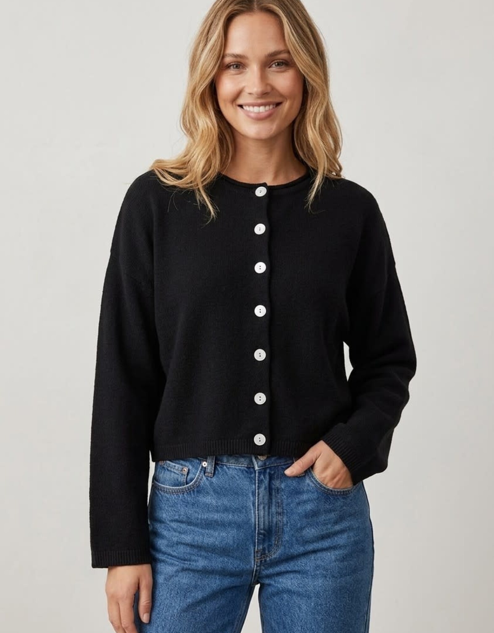 Miss Bliss Dream Chic Button Up Crew Neck-Black