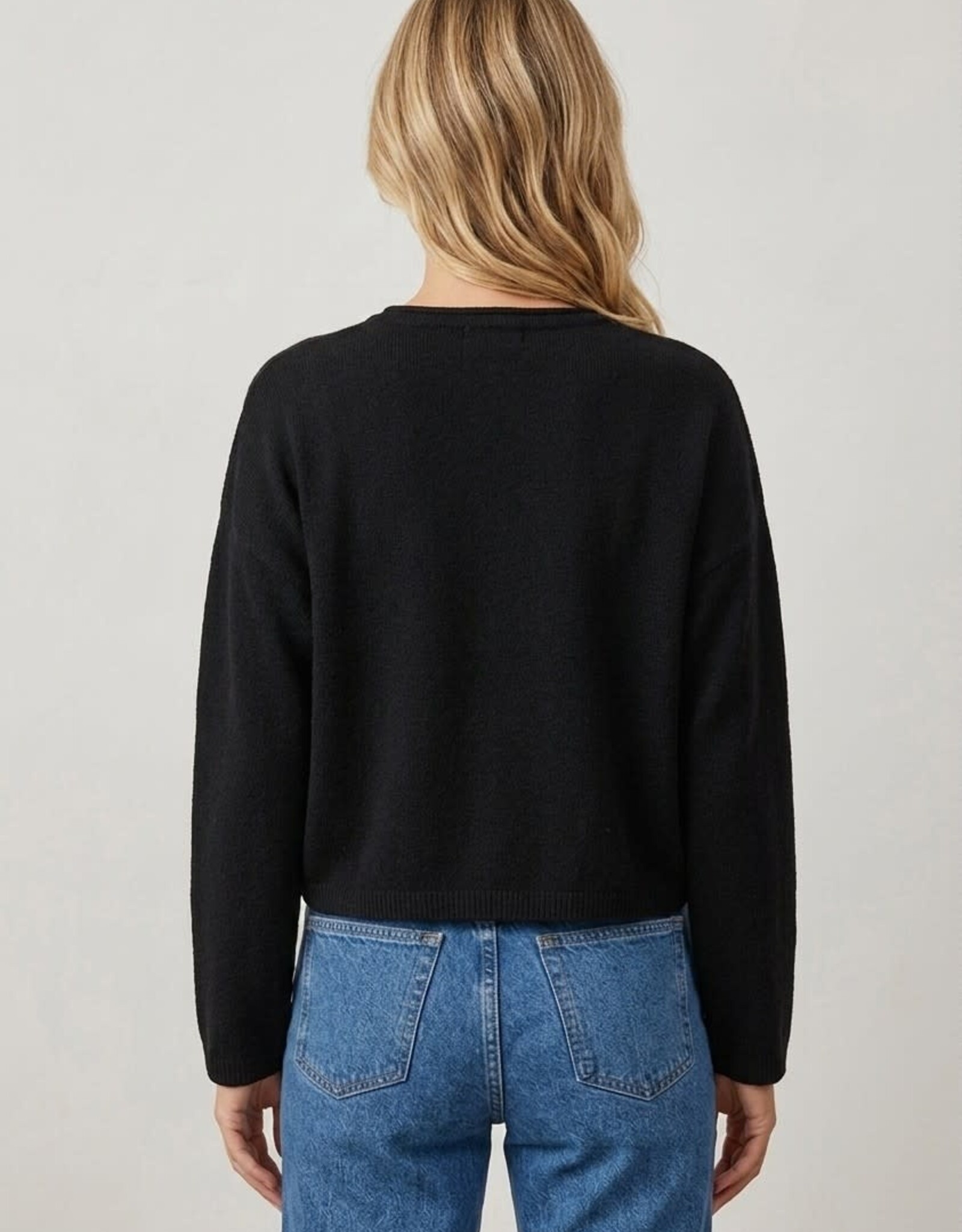 Miss Bliss Dream Chic Button Up Crew Neck-Black
