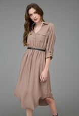 Miss Bliss Blu Collared Half Button 3/4 Sleeve Belted Midi Dress- Mocha