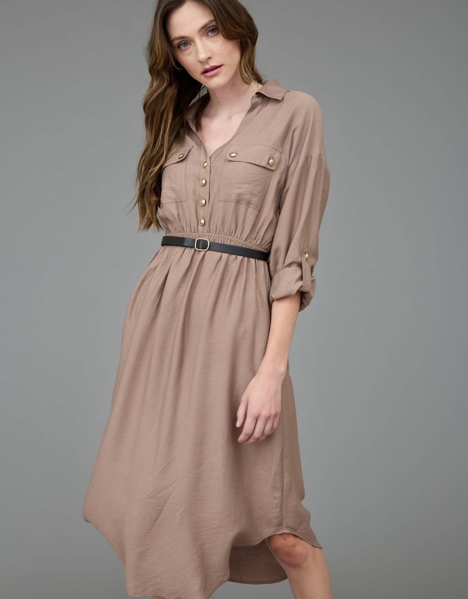 Miss Bliss Blu Collared Half Button 3/4 Sleeve Belted Midi Dress- Mocha