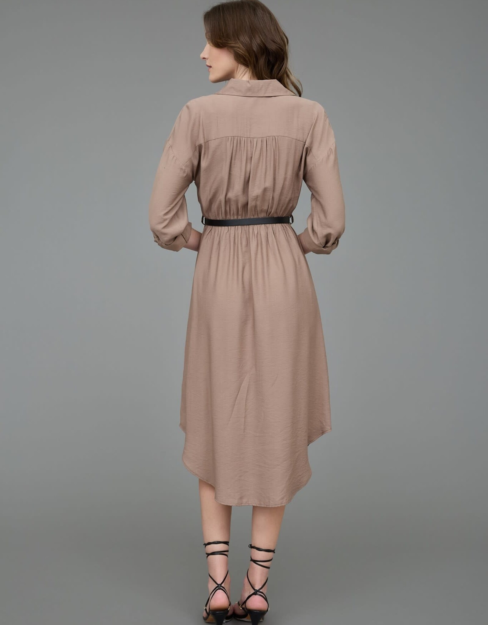 Miss Bliss Blu Collared Half Button 3/4 Sleeve Belted Midi Dress- Mocha