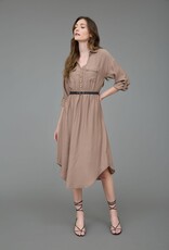 Miss Bliss Blu Collared Half Button 3/4 Sleeve Belted Midi Dress- Mocha