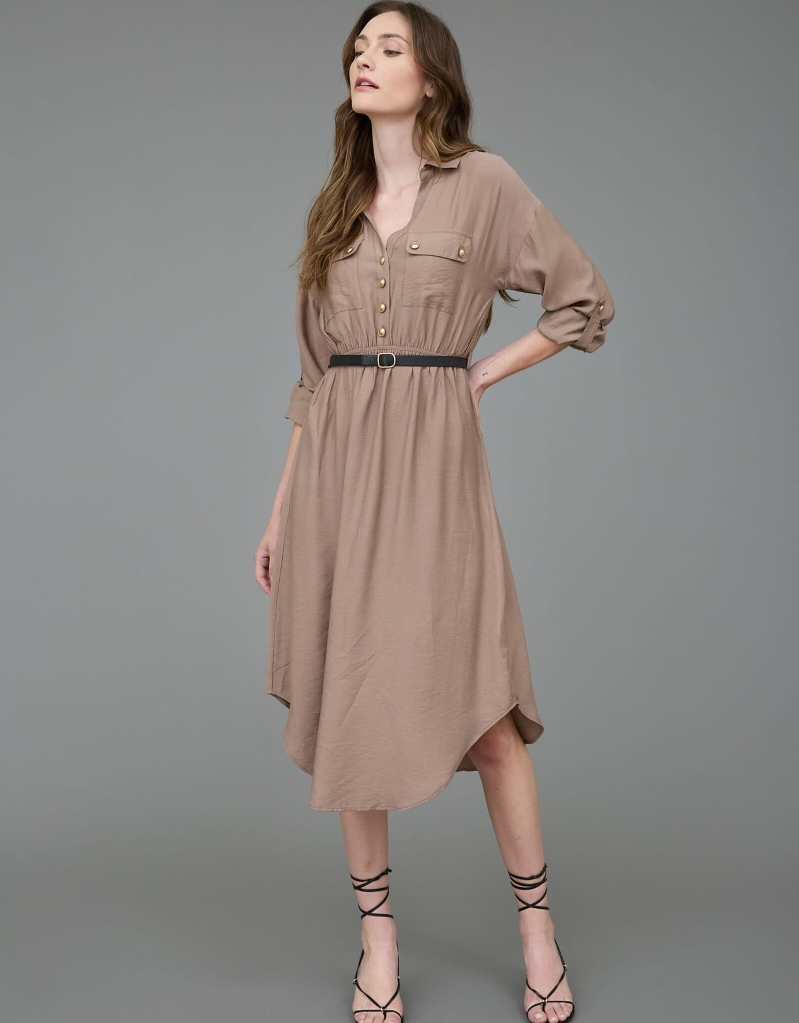 Miss Bliss Blu Collared Half Button 3/4 Sleeve Belted Midi Dress- Mocha