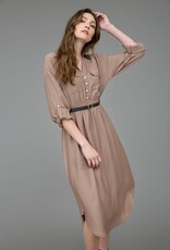 Miss Bliss Blu Collared Half Button 3/4 Sleeve Belted Midi Dress- Mocha