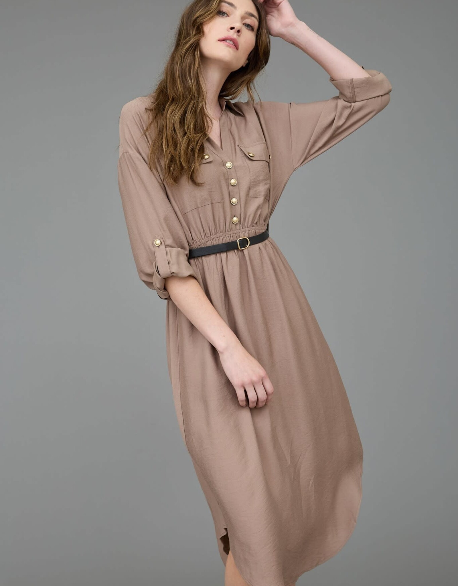 Miss Bliss Blu Collared Half Button 3/4 Sleeve Belted Midi Dress- Mocha