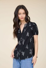 Miss Bliss Blu Floral Print Split Neck SS Linen Top- Black