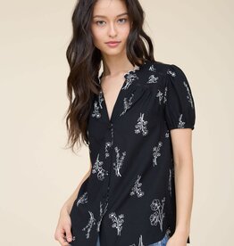 Miss Bliss Floral Print Split Neck Linen Top- Black