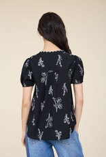 Miss Bliss Blu Floral Print Split Neck SS Linen Top- Black