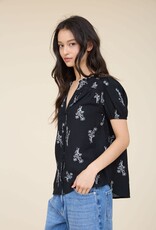 Miss Bliss Blu Floral Print Split Neck SS Linen Top- Black