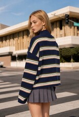 Miss Bliss Blu Multi-color Stripe Rolled Neck Cardigan- Navy
