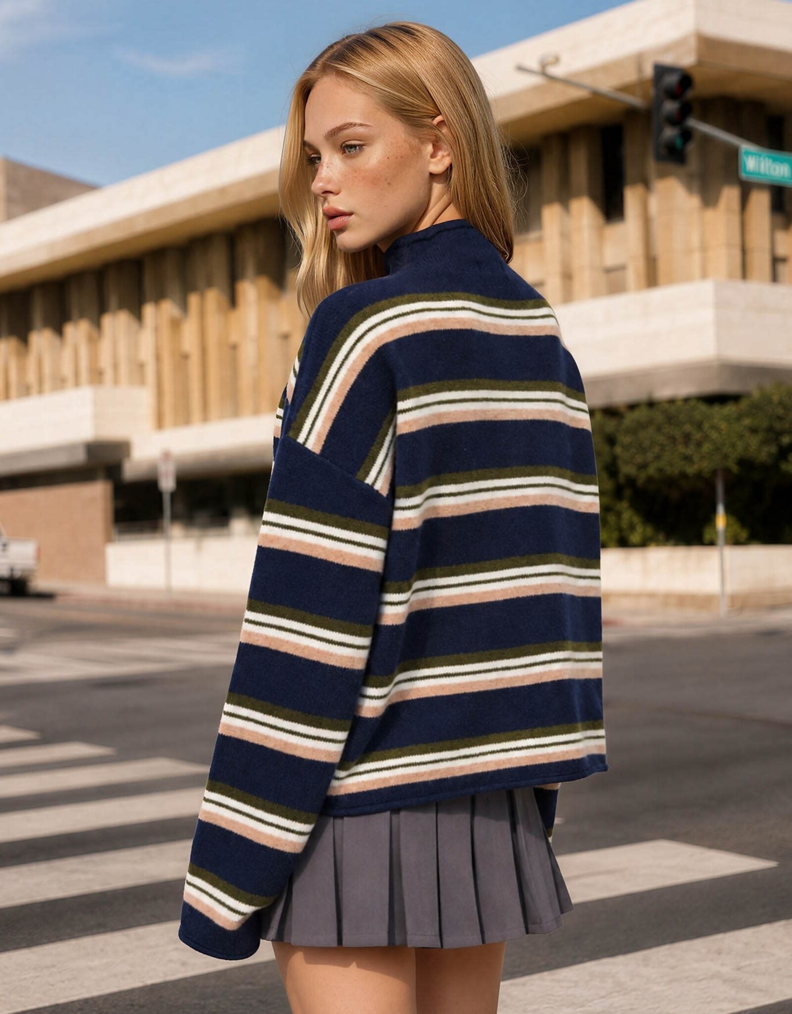 Miss Bliss Blu Multi-color Stripe Rolled Neck Cardigan- Navy