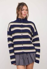 Miss Bliss Blu Multi-color Stripe Rolled Neck Cardigan- Navy