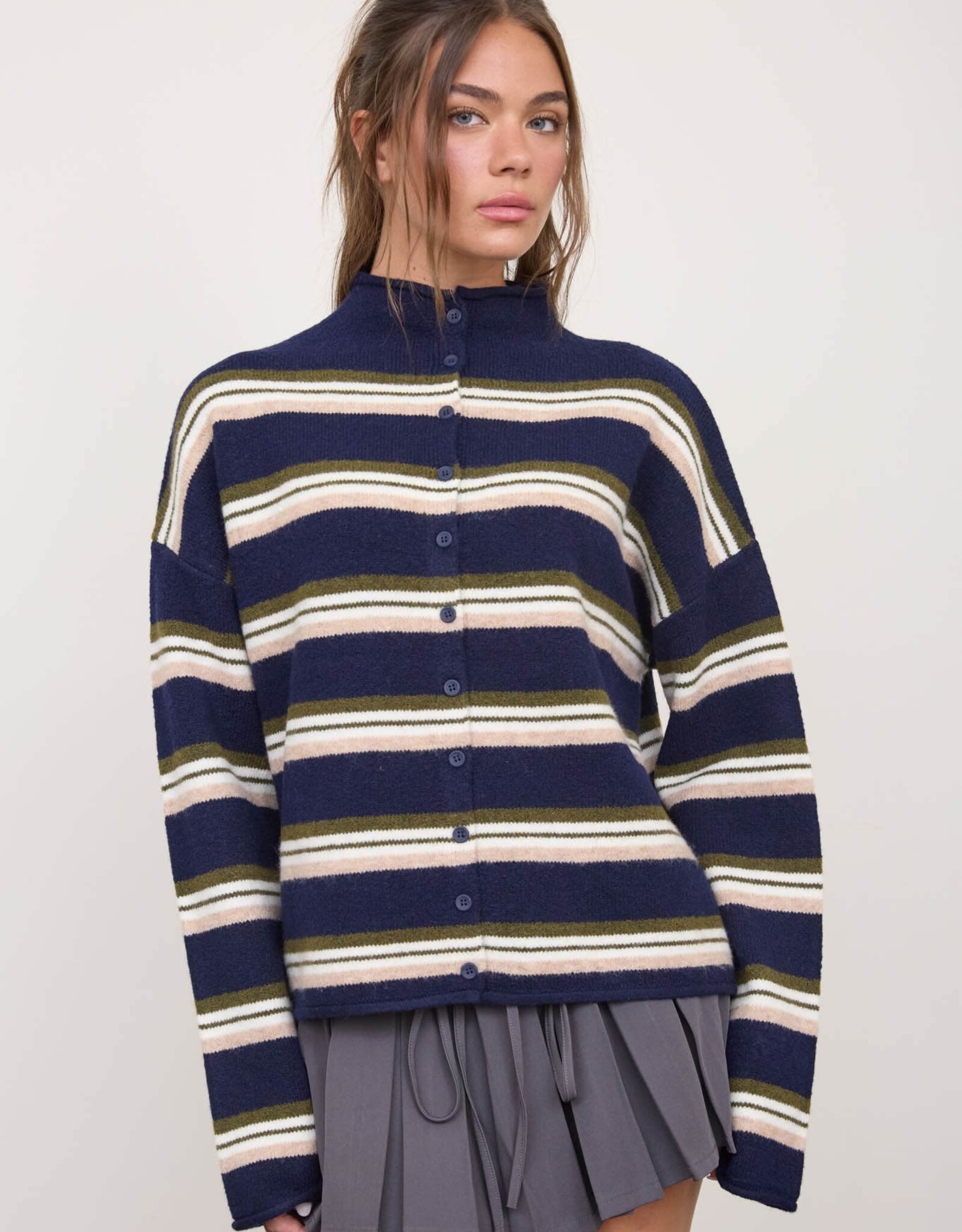 Miss Bliss Blu Multi-color Stripe Rolled Neck Cardigan- Navy