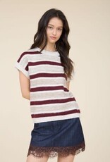 Miss Bliss Blu Stripe SS Raw Edge Knit Sweater- Burgundy