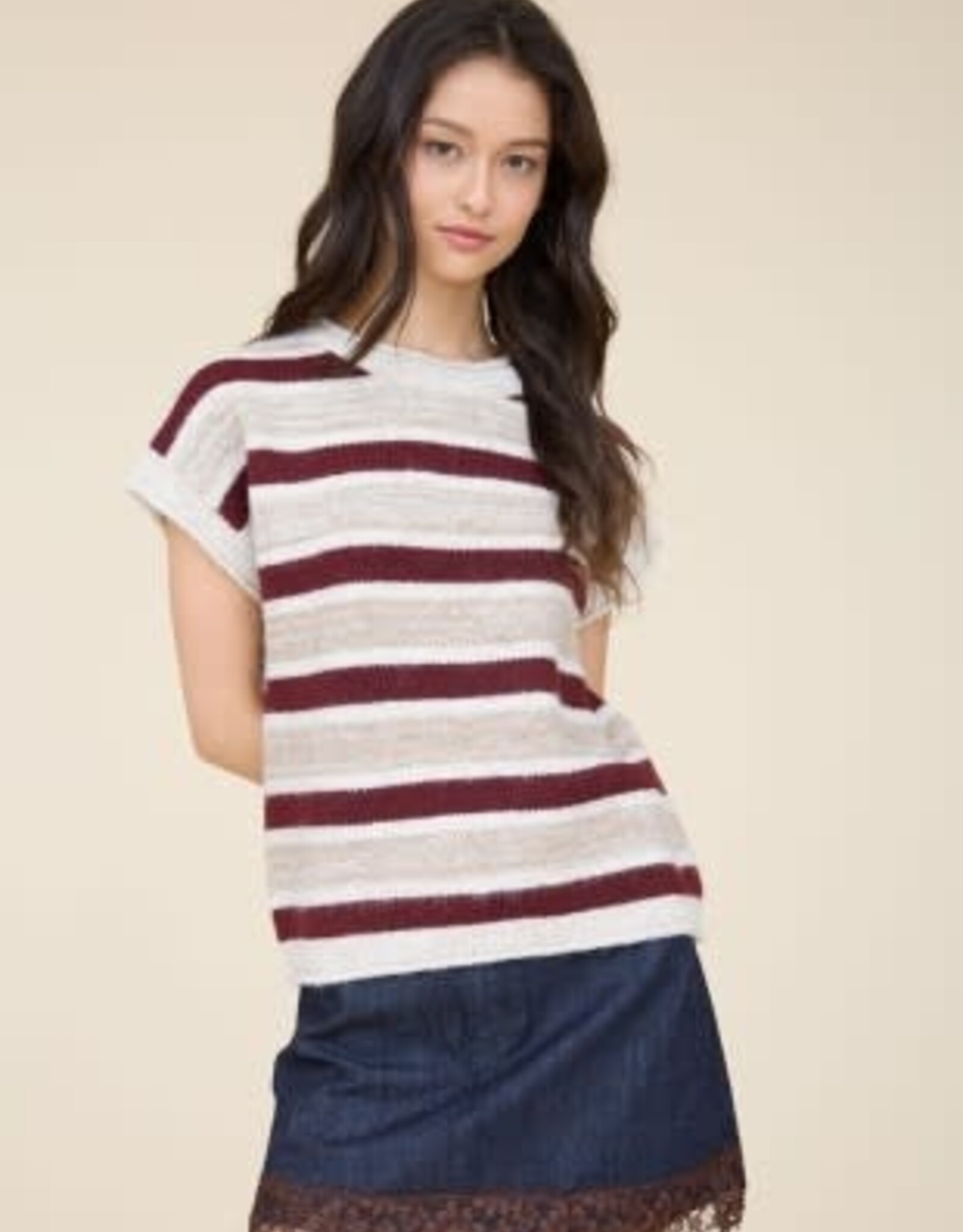 Miss Bliss Blu Stripe SS Raw Edge Knit Sweater- Burgundy