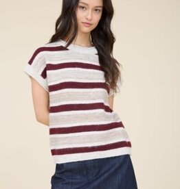 Miss Bliss Marled Stripe Raw Edge Knit Sweater- Burgundy