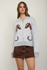 Miss Bliss Blu Western Jacquard Collared Zip-up Knit Cardigan- Heather Grey