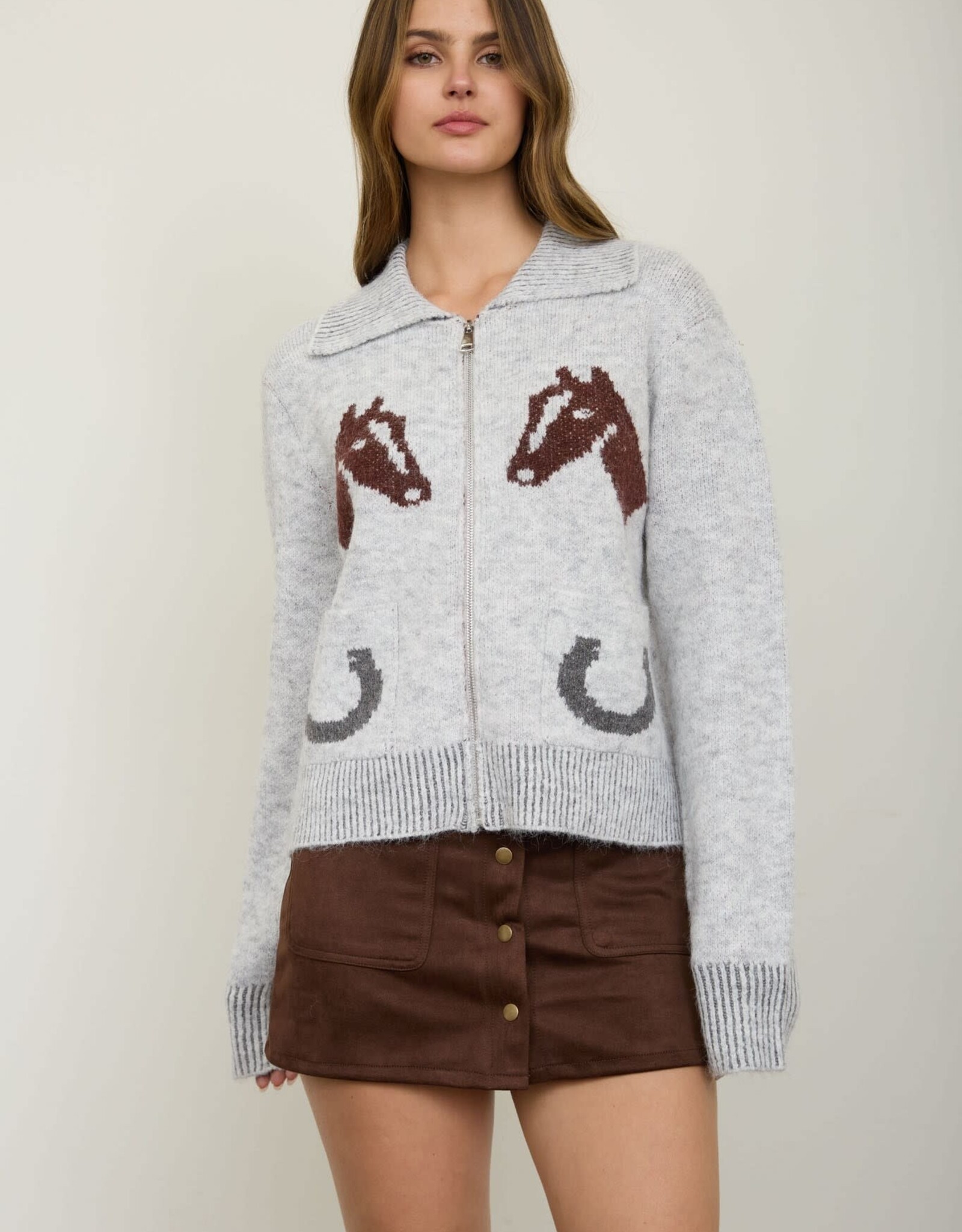 Miss Bliss Blu Western Jacquard Collared Zip-up Knit Cardigan- Heather Grey