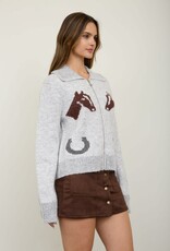 Miss Bliss Blu Western Jacquard Collared Zip-up Knit Cardigan- Heather Grey
