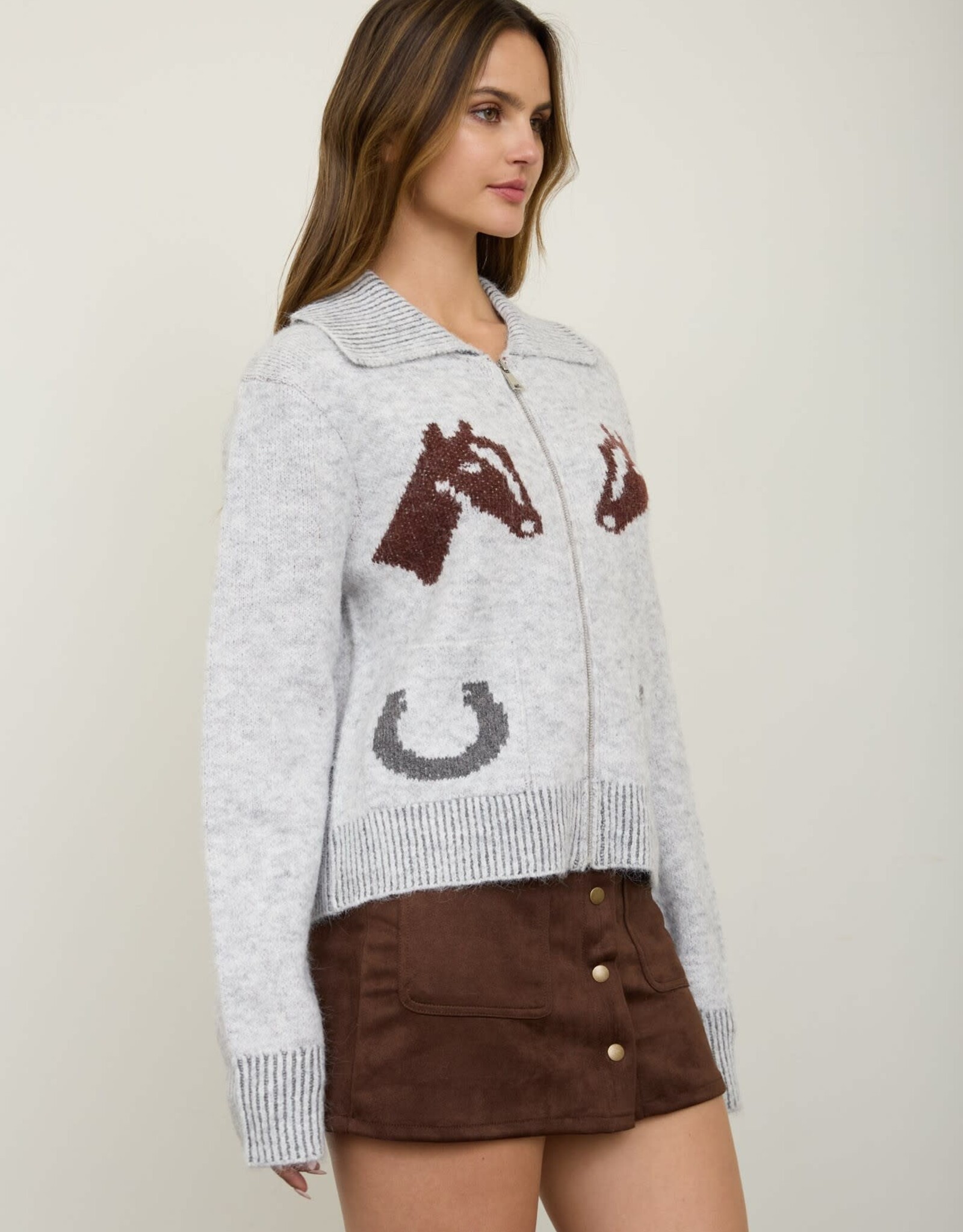 Miss Bliss Blu Western Jacquard Collared Zip-up Knit Cardigan- Heather Grey