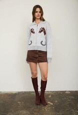 Miss Bliss Blu Western Jacquard Collared Zip-up Knit Cardigan- Heather Grey