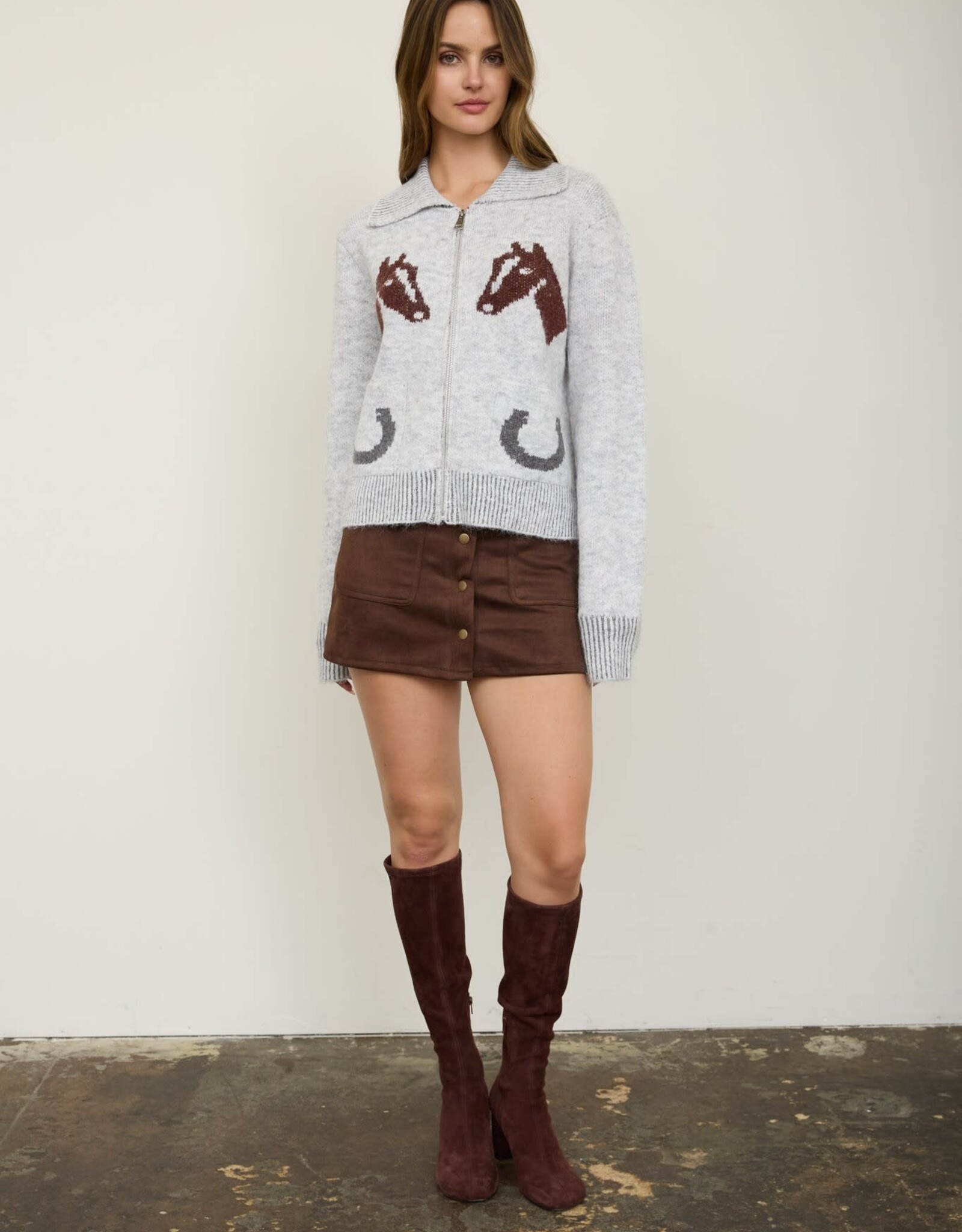 Miss Bliss Blu Western Jacquard Collared Zip-up Knit Cardigan- Heather Grey
