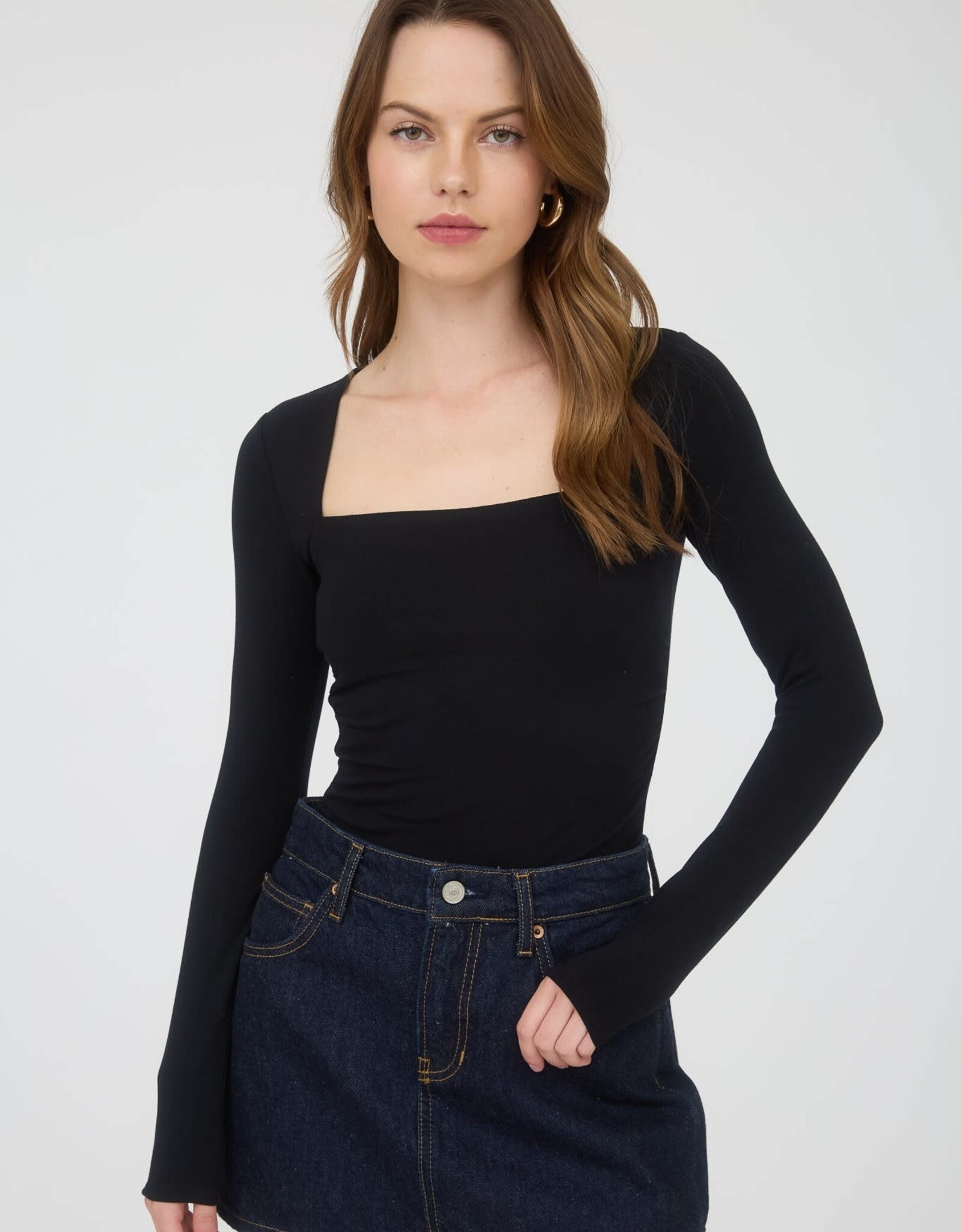 Miss Bliss Blu Square Neck LS Ruched Side Knit Top- Black