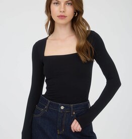 Miss Bliss Square Neck Ruched Side Knit Top- Black
