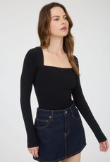Miss Bliss Blu Square Neck LS Ruched Side Knit Top- Black