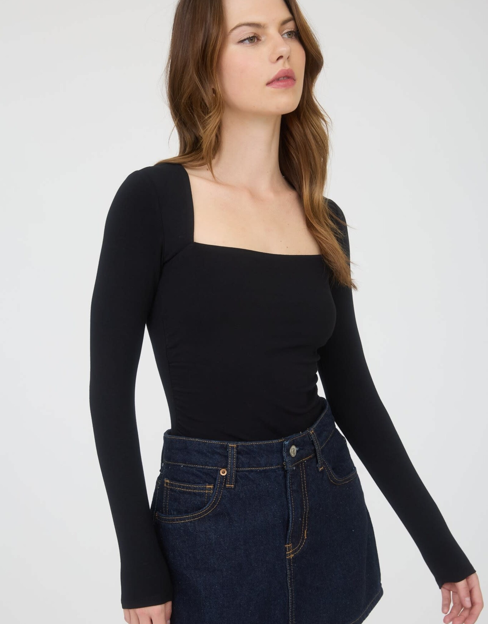 Miss Bliss Blu Square Neck LS Ruched Side Knit Top- Black