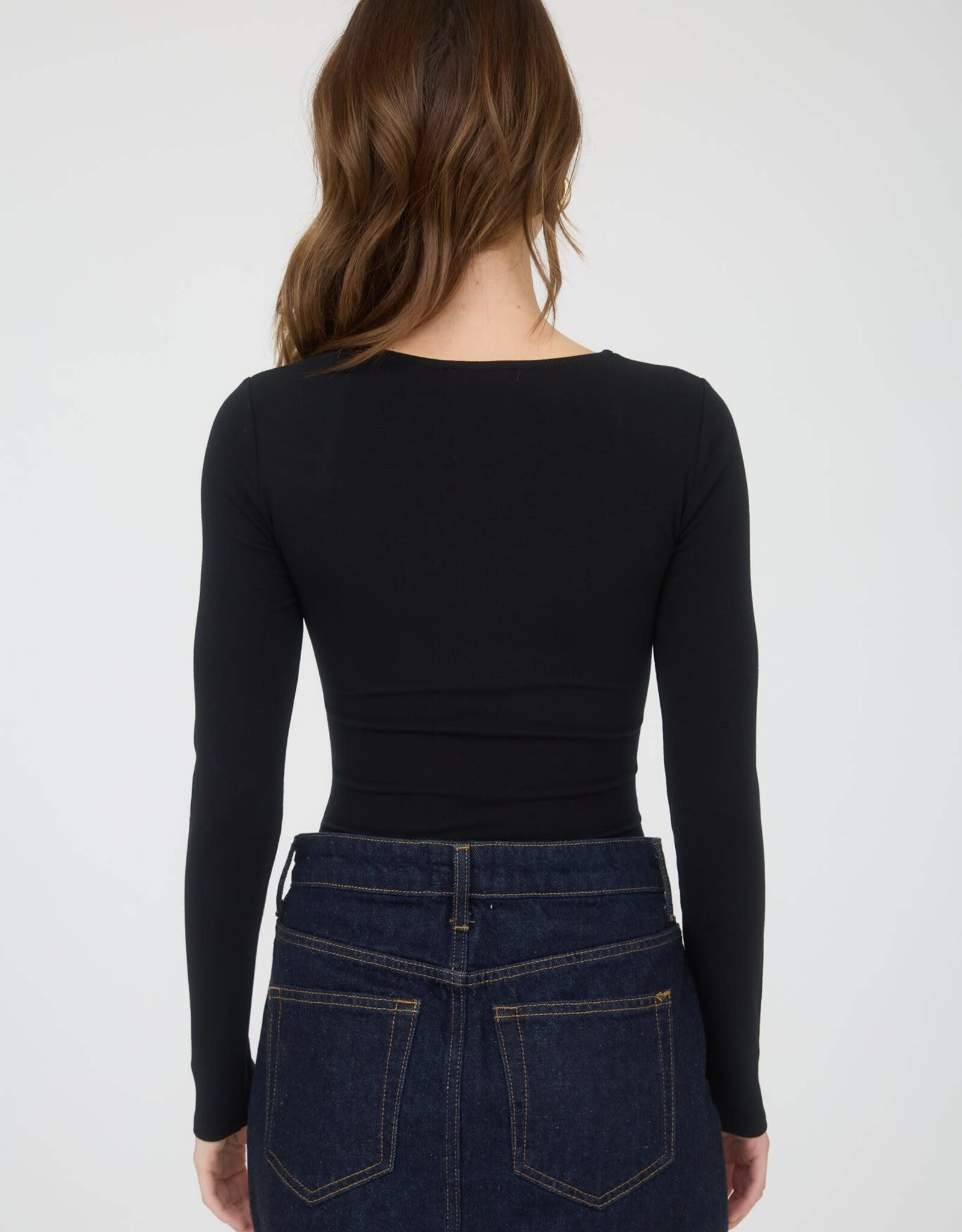 Miss Bliss Blu Square Neck LS Ruched Side Knit Top- Black