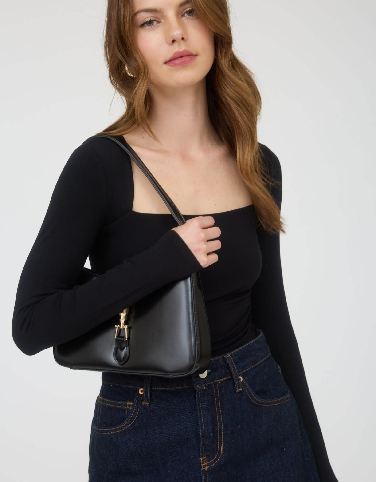 Miss Bliss Blu Square Neck LS Ruched Side Knit Top- Black