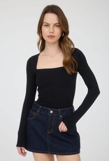 Miss Bliss Blu Square Neck LS Ruched Side Knit Top- Black