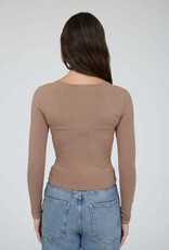 Miss Bliss Blu Square Neck LS Ruched Side Knit Top- Mocha