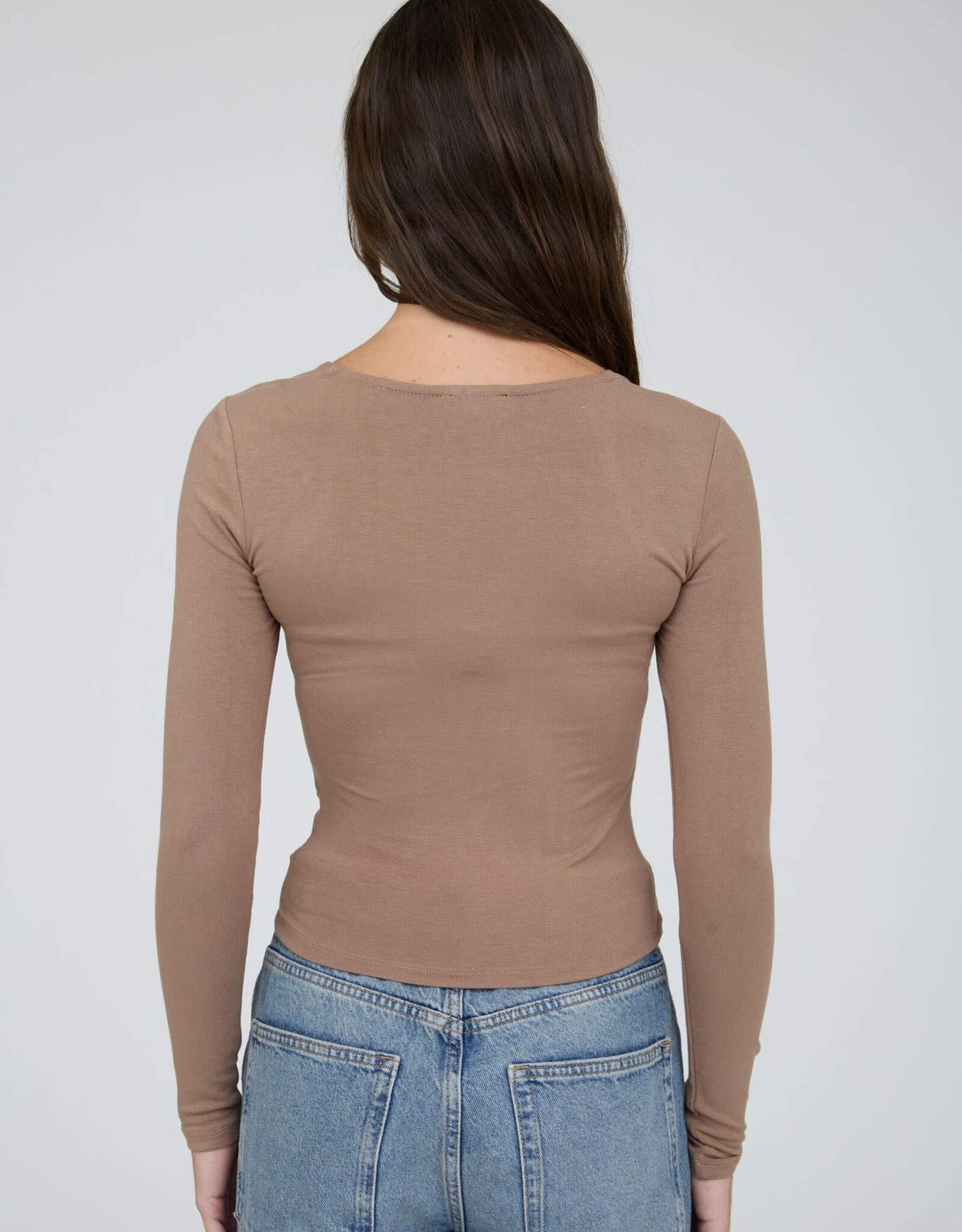 Miss Bliss Blu Square Neck LS Ruched Side Knit Top- Mocha