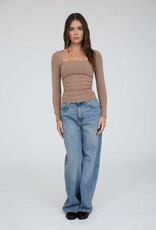 Miss Bliss Blu Square Neck LS Ruched Side Knit Top- Mocha