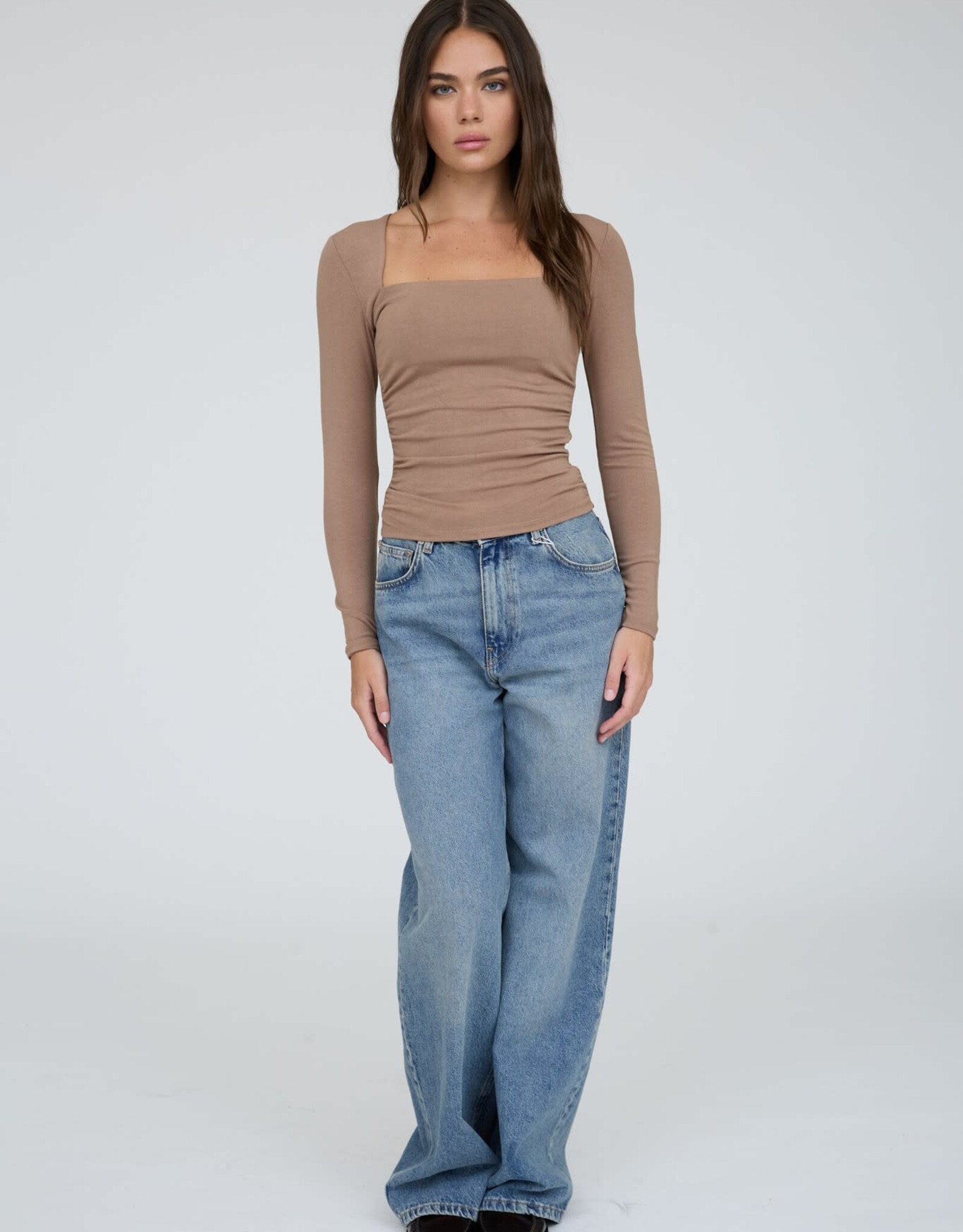 Miss Bliss Blu Square Neck LS Ruched Side Knit Top- Mocha