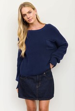 Miss Bliss Blu Raw Edge Cropped LS Knit Sweater- Navy