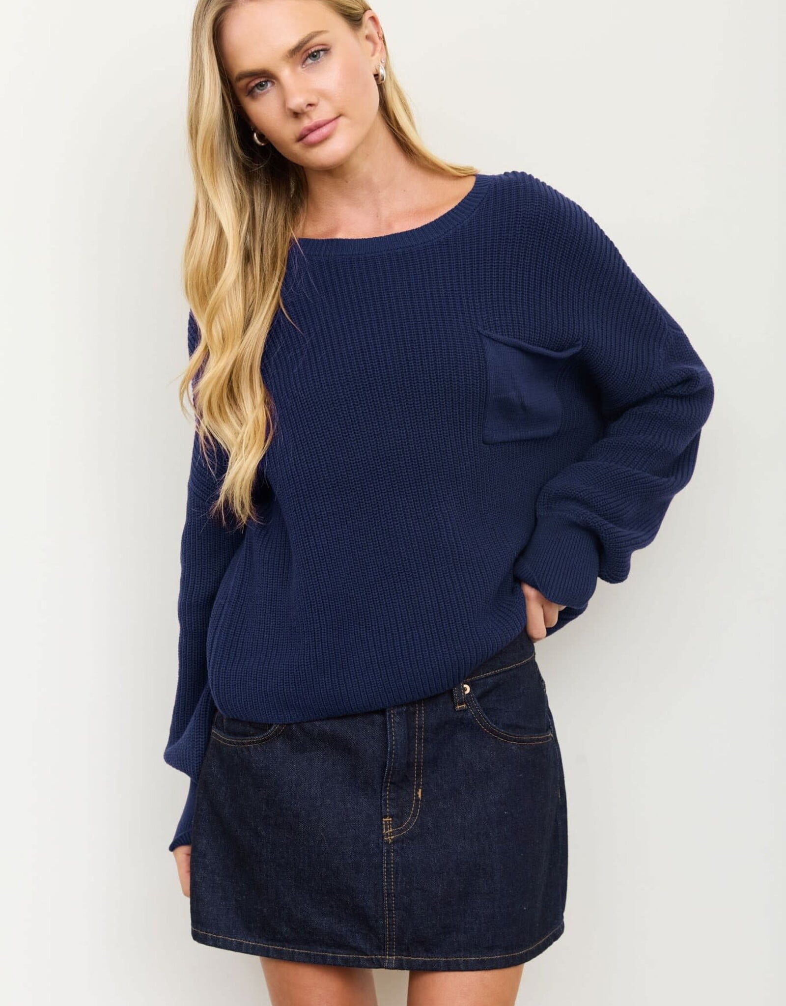 Miss Bliss Blu Raw Edge Cropped LS Knit Sweater- Navy