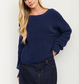 Miss Bliss Front Pocket Cropped Knit Sweater- Navy