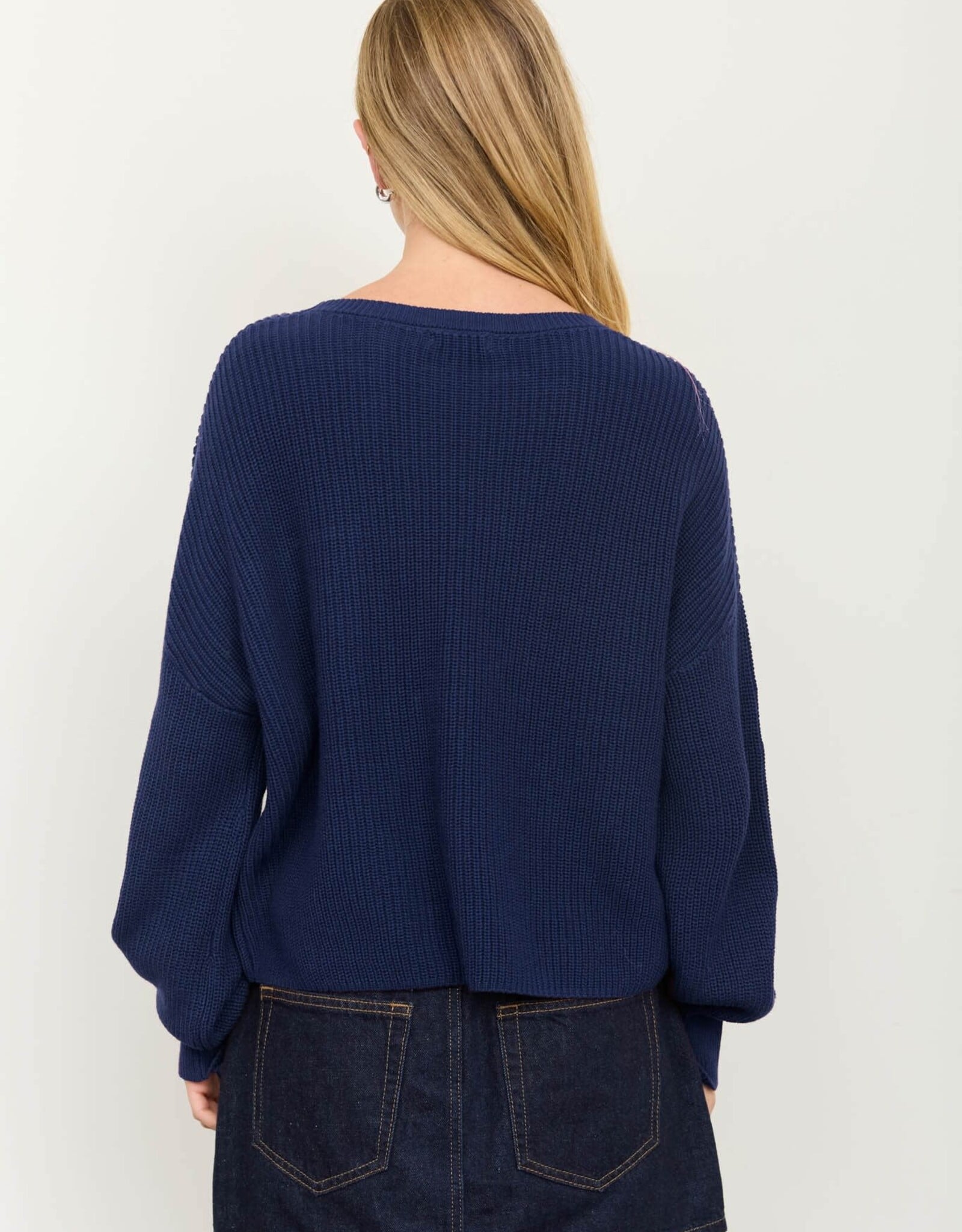 Miss Bliss Blu Raw Edge Cropped LS Knit Sweater- Navy