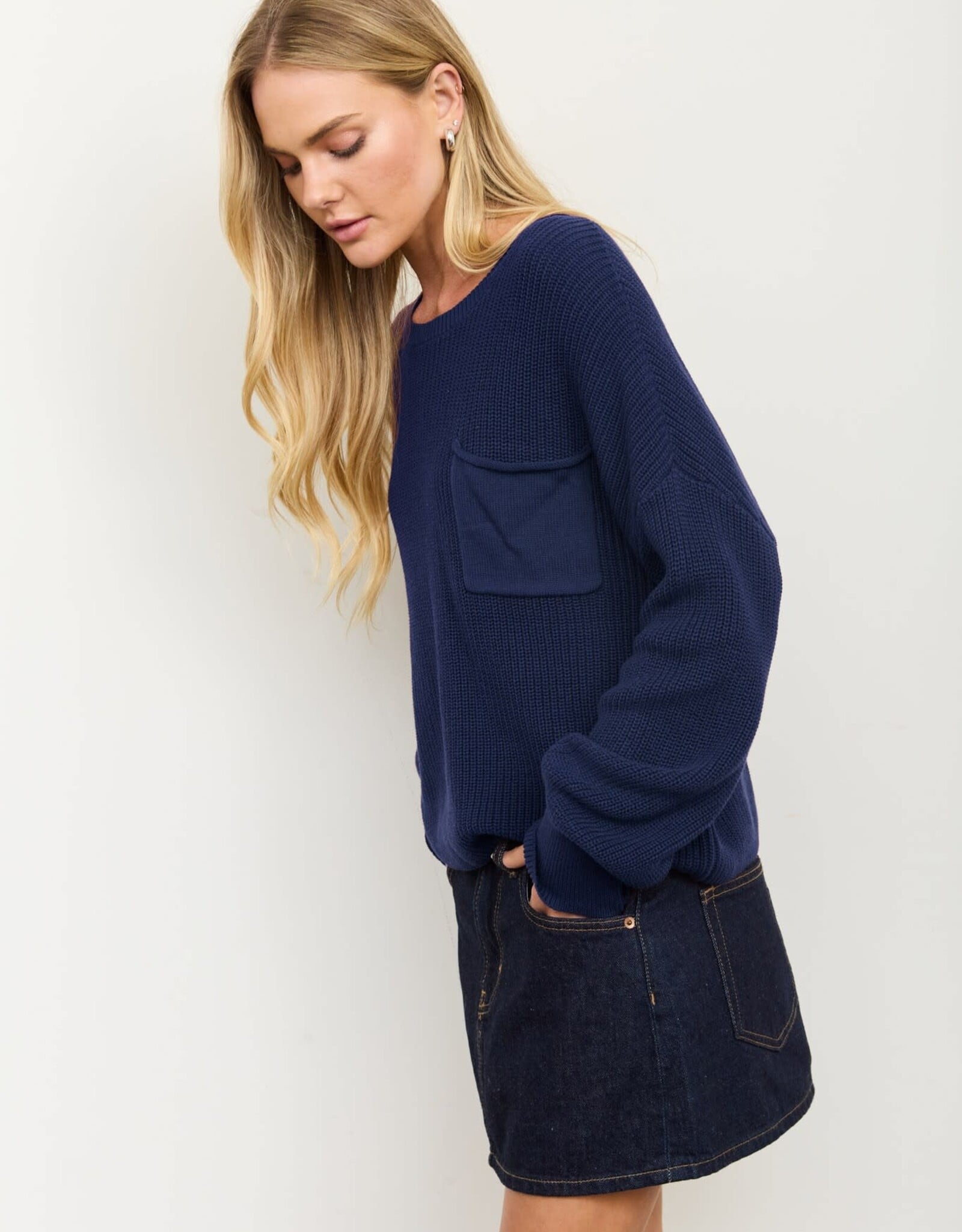 Miss Bliss Blu Raw Edge Cropped LS Knit Sweater- Navy